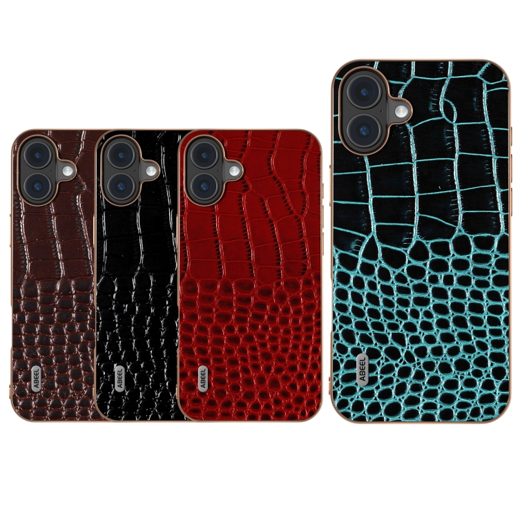 For iPhone 16 Plus ABEEL Electroplated Frame Genuine Leather Crocodile Pattern Phone Case(Black) For iPhone 16 Plus ABEEL Electroplated Frame Genuine Leather Crocodile Pattern Phone Case(Black)