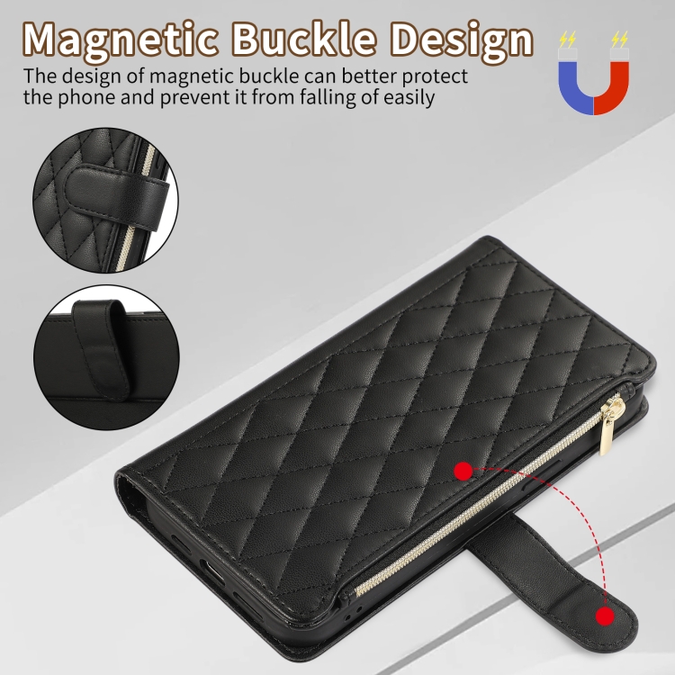 For iPhone 15 Pro Rhombic Zipper Wallet Leather Phone Case(Black) For iPhone 15 Pro Rhombic Zipper Wallet Leather Phone Case(Black)