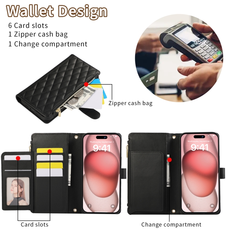For iPhone 15 Pro Rhombic Zipper Wallet Leather Phone Case(Black) For iPhone 15 Pro Rhombic Zipper Wallet Leather Phone Case(Black)