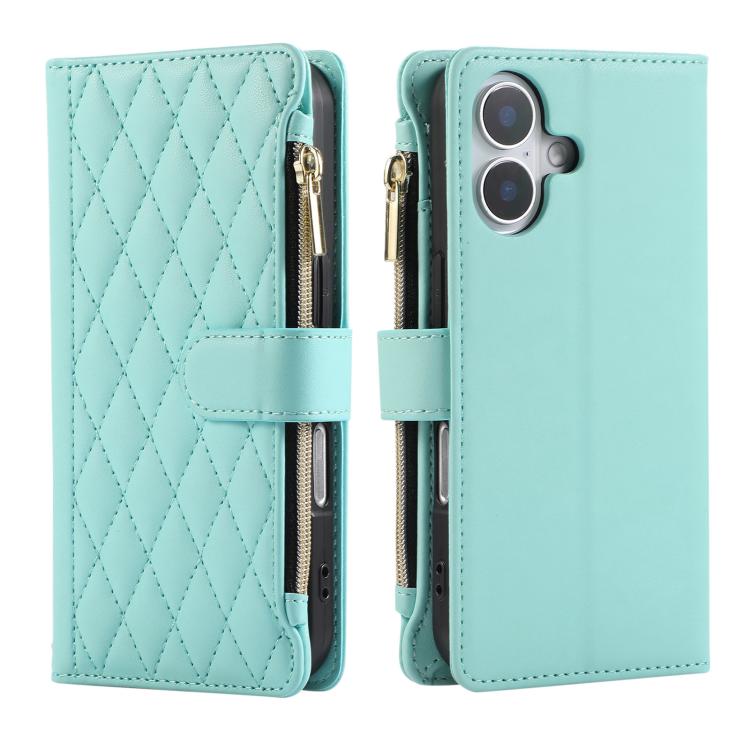 For iPhone 16 Plus Rhombic Zipper Wallet Leather Phone Case(Cyan) For iPhone 16 Plus Rhombic Zipper Wallet Leather Phone Case(Cyan)