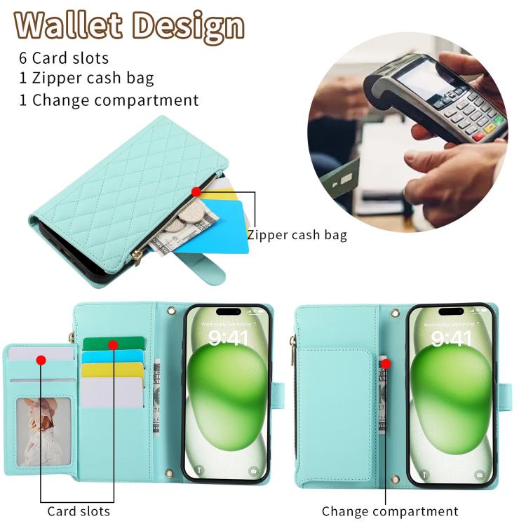For iPhone 16 Plus Rhombic Zipper Wallet Leather Phone Case(Cyan) For iPhone 16 Plus Rhombic Zipper Wallet Leather Phone Case(Cyan)
