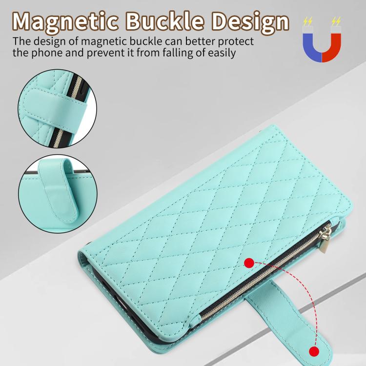 For iPhone 16 Plus Rhombic Zipper Wallet Leather Phone Case(Cyan) For iPhone 16 Plus Rhombic Zipper Wallet Leather Phone Case(Cyan)
