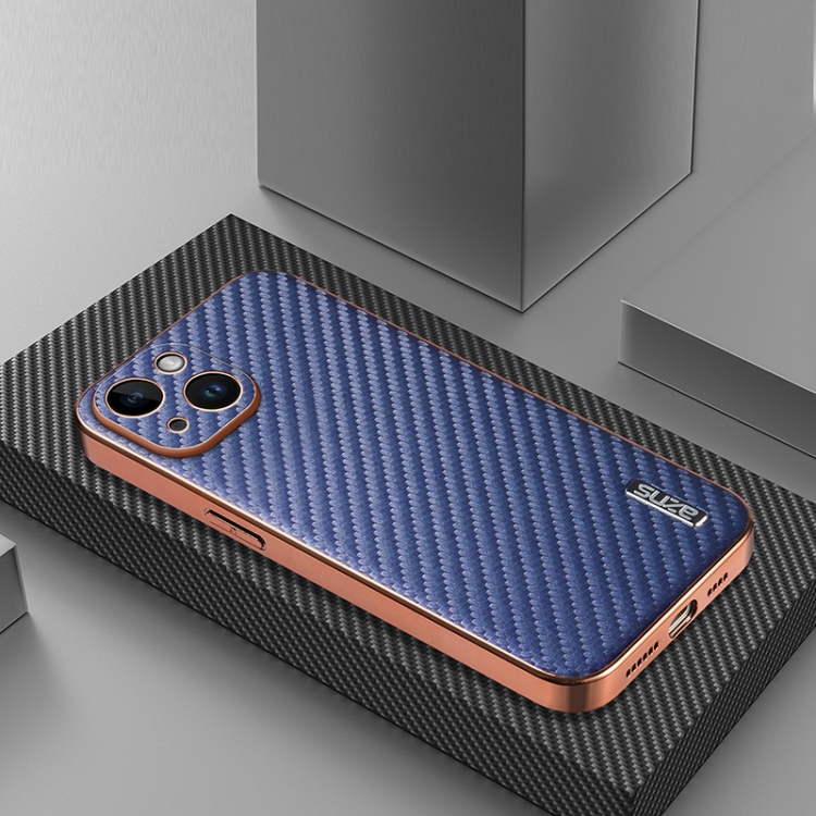 For iPhone 14 Plus AZNS Electroplated Edge Carbon Fiber Texture Phone Case(Blue) For iPhone 14 Plus AZNS Electroplated Edge Carbon Fiber Texture Phone Case(Blue)