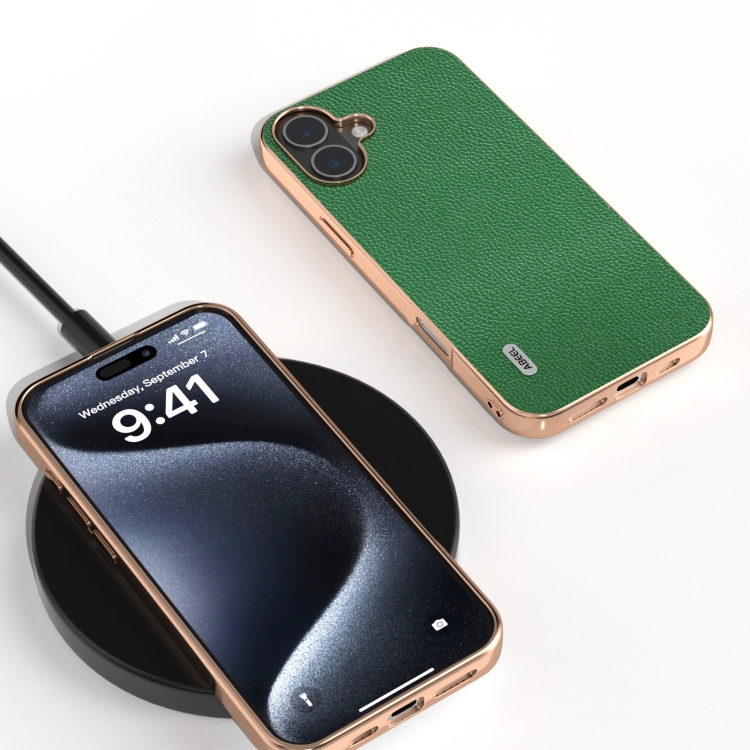 For iPhone 16 ABEEL Genuine Leather Mino Series Nano Plating Phone Case(Green)