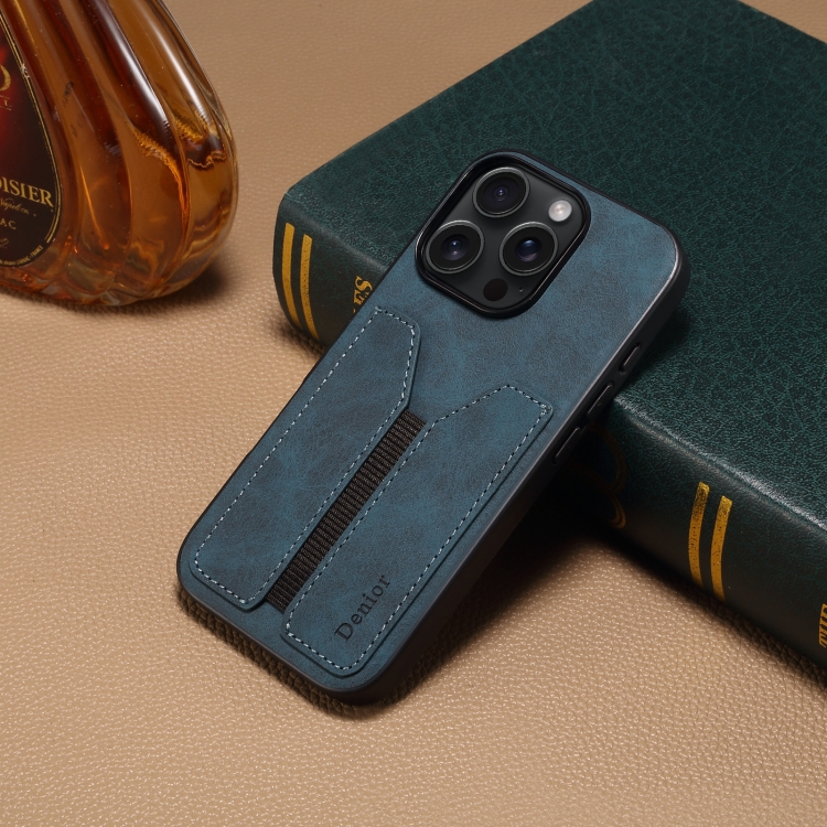 For iPhone 16 Denior D07 DV Elastic Card Slot PU Back Cover Phone Case(Blue)