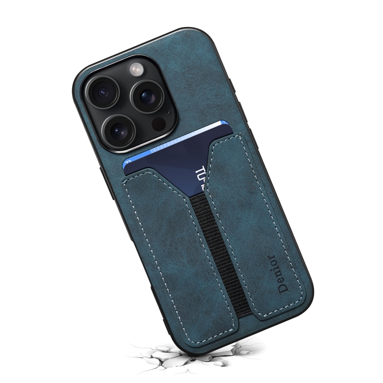 For iPhone 16 Denior D07 DV Elastic Card Slot PU Back Cover Phone Case(Blue)