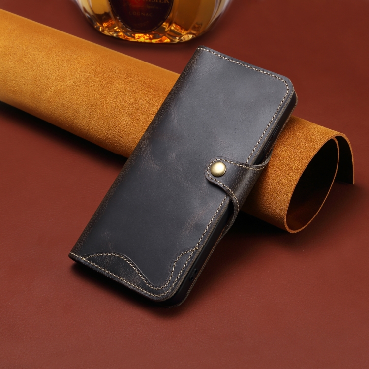 For iPhone 16 Denior B01 Oil Wax Cowhide Magnetic Button Genuine Leather Case(Black) For iPhone 16 Denior B01 Oil Wax Cowhide Magnetic Button Genuine Leather Case(Black)