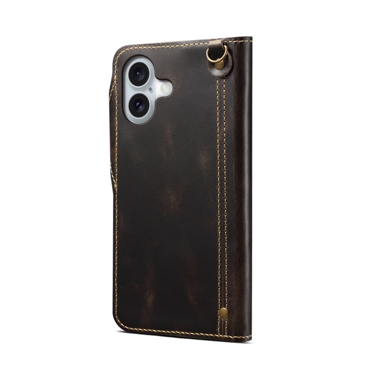 For iPhone 16 Denior B01 Oil Wax Cowhide Magnetic Button Genuine Leather Case(Black) For iPhone 16 Denior B01 Oil Wax Cowhide Magnetic Button Genuine Leather Case(Black)