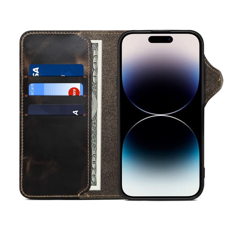 For iPhone 16 Denior B01 Oil Wax Cowhide Magnetic Button Genuine Leather Case(Black) For iPhone 16 Denior B01 Oil Wax Cowhide Magnetic Button Genuine Leather Case(Black)