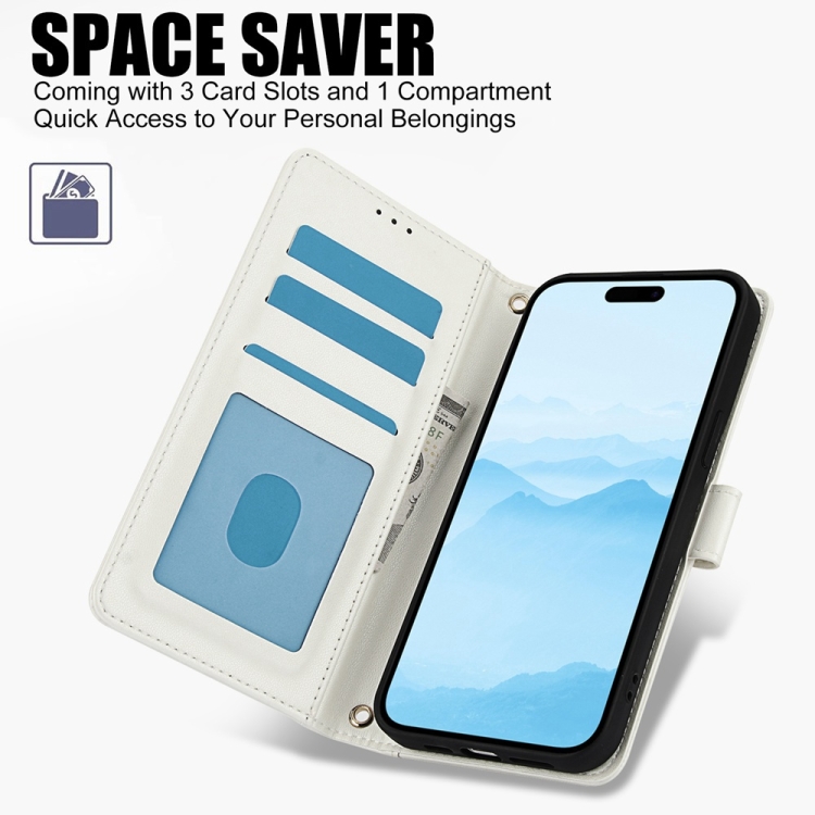 For iPhone 16 Plus Skin Feel Pure Color Card Slots Leather Phone Case with Dual Lanyard(White) For iPhone 16 Plus Skin Feel Pure Color Card Slots Leather Phone Case with Dual Lanyard(White)