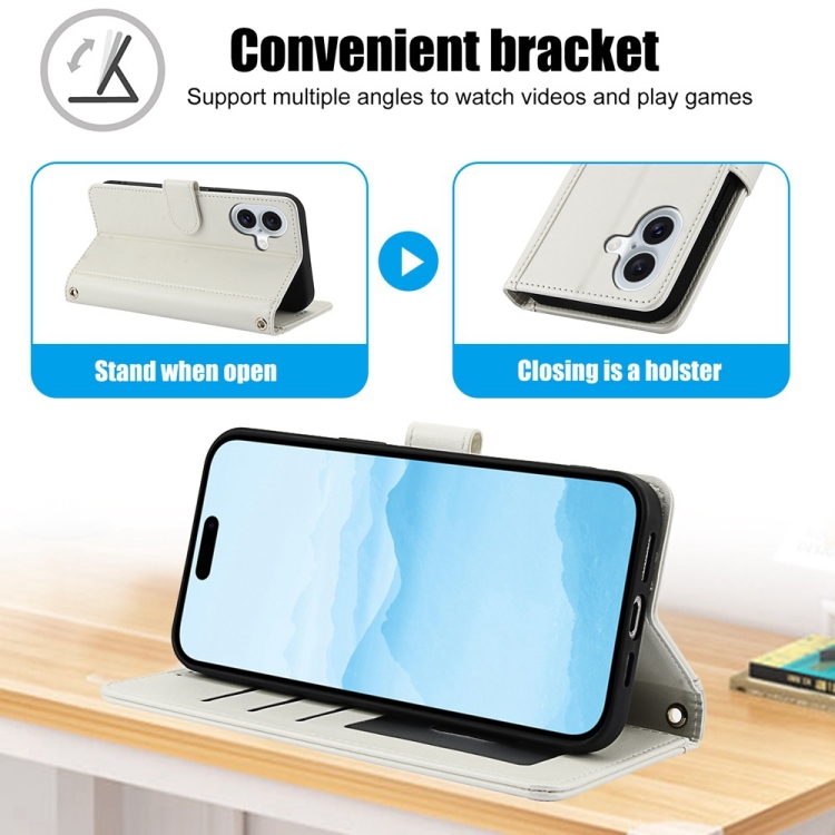 For iPhone 16 Plus Skin Feel Pure Color Card Slots Leather Phone Case with Dual Lanyard(White) For iPhone 16 Plus Skin Feel Pure Color Card Slots Leather Phone Case with Dual Lanyard(White)