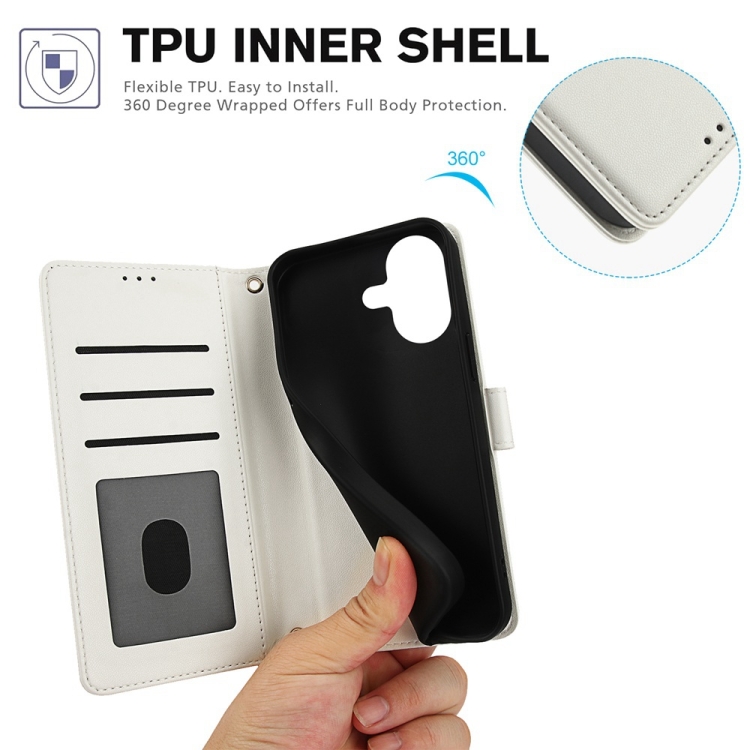 For iPhone 16 Plus Skin Feel Pure Color Card Slots Leather Phone Case with Dual Lanyard(White) For iPhone 16 Plus Skin Feel Pure Color Card Slots Leather Phone Case with Dual Lanyard(White)