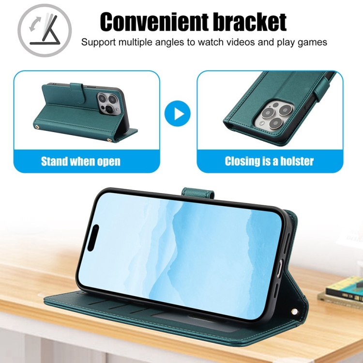 For iPhone 16 Pro Skin Feel Pure Color Card Slots Leather Phone Case with Dual Lanyard(Green)