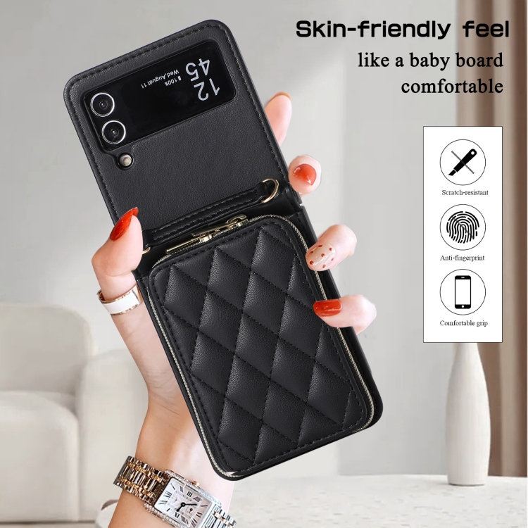 For Samsung Galaxy Z Flip4 Rhombic Full Zipper Wallet Leather Phone Case(Black) For Samsung Galaxy Z Flip4 Rhombic Full Zipper Wallet Leather Phone Case(Black)