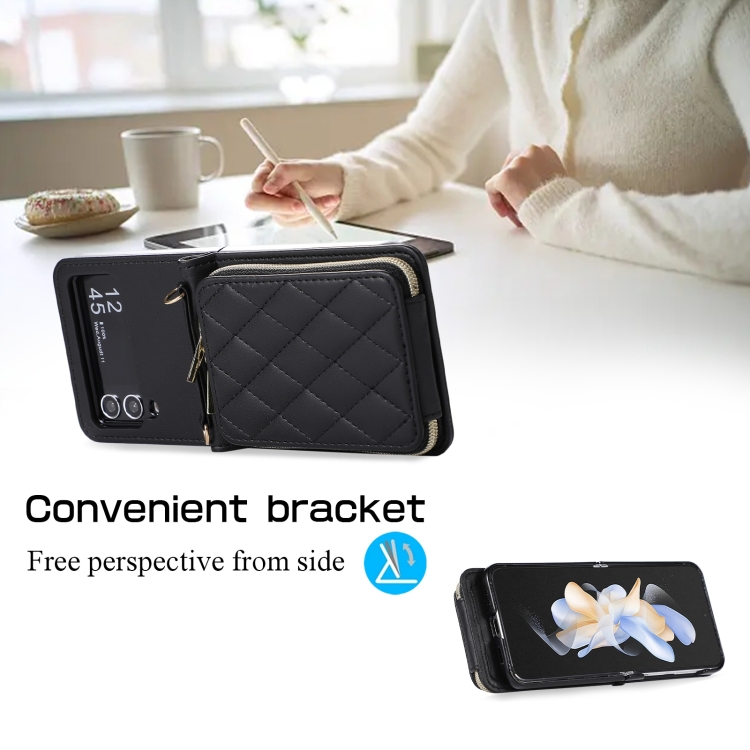 For Samsung Galaxy Z Flip4 Rhombic Full Zipper Wallet Leather Phone Case(Black) For Samsung Galaxy Z Flip4 Rhombic Full Zipper Wallet Leather Phone Case(Black)