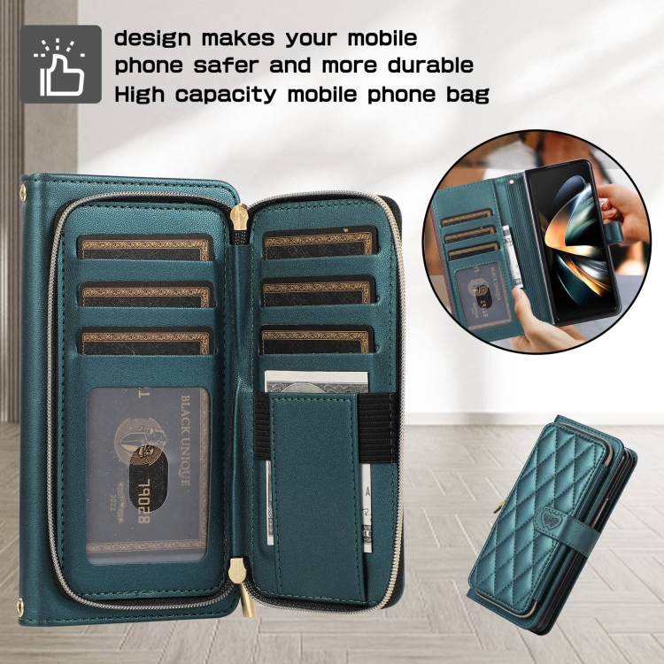 For Samsung Galaxy Z Fold4 Rhombic Full Zipper Wallet Leather Phone Case(Green) For Samsung Galaxy Z Fold4 Rhombic Full Zipper Wallet Leather Phone Case(Green)