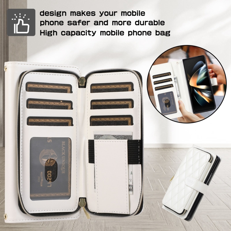 For Samsung Galaxy Z Fold6 Rhombic Full Zipper Wallet Leather Phone Case(White) For Samsung Galaxy Z Fold6 Rhombic Full Zipper Wallet Leather Phone Case(White)