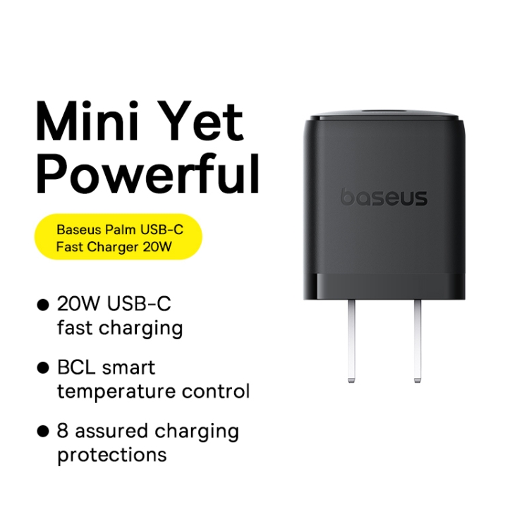 Baseus 1C 20W Type-C Palm Fast Charger, Plug:US Plug(Black) - 2