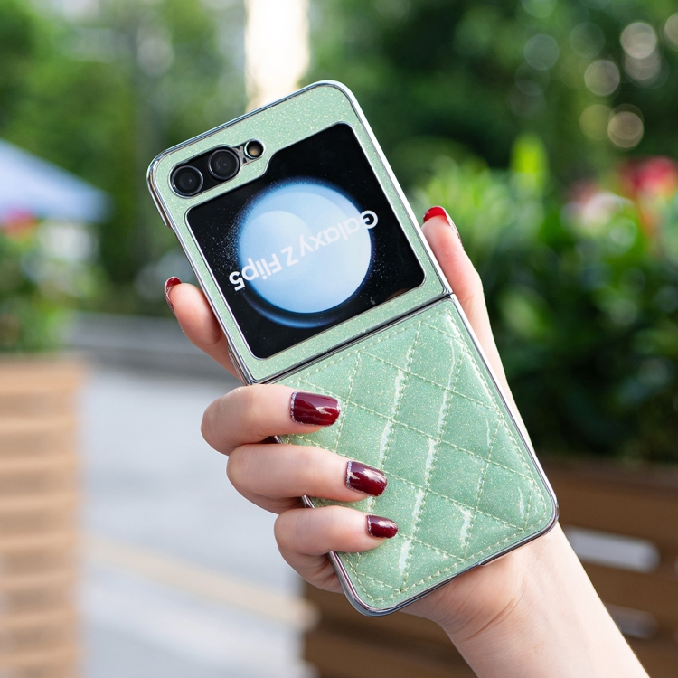 For Samsung Galaxy Z Flip5 Electroplating Rhombic Glitter PU Phone Case(Green) For Samsung Galaxy Z Flip5 Electroplating Rhombic Glitter PU Phone Case(Green)