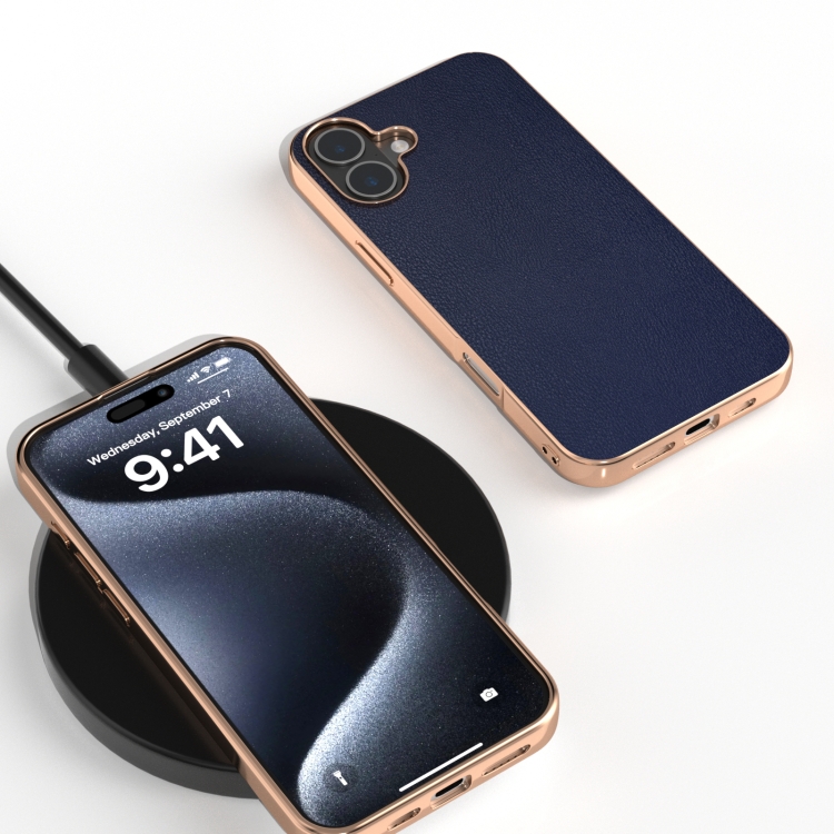 For iPhone 16 PU Leather Electroplating Frame Full Coverage Phone Case(Dark Blue) For iPhone 16 PU Leather Electroplating Frame Full Coverage Phone Case(Dark Blue)