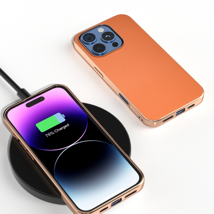 For iPhone 16 Pro Max PU Leather Electroplating Frame Full Coverage Phone Case(Orange) For iPhone 16 Pro Max PU Leather Electroplating Frame Full Coverage Phone Case(Orange)
