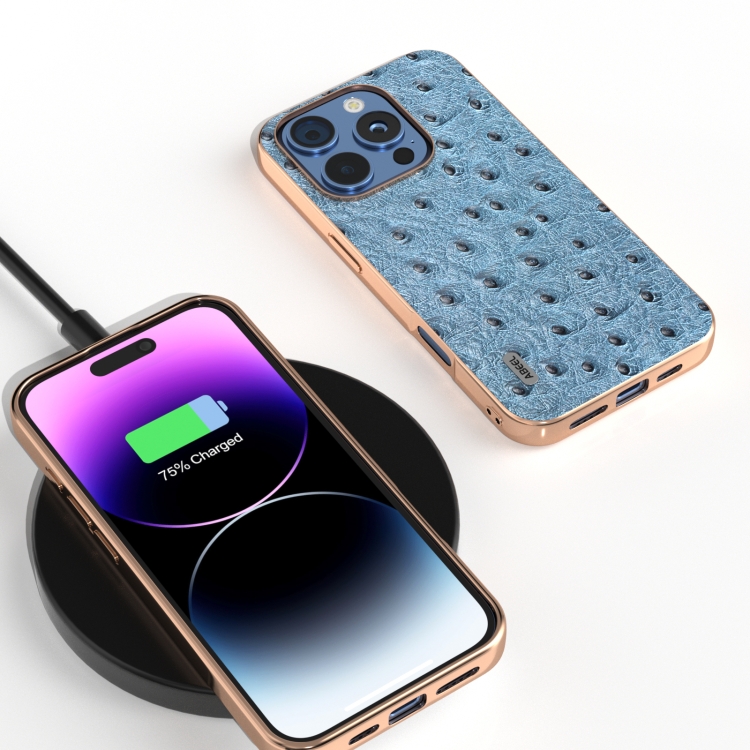 For iPhone 16 Pro ABEEL Electroplating Frame Genuine Leather Ostrich Texture Phone Case(Dark Blue) For iPhone 16 Pro ABEEL Electroplating Frame Genuine Leather Ostrich Texture Phone Case(Dark Blue)