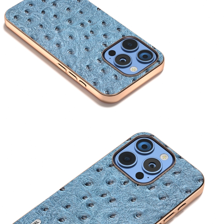 For iPhone 16 Pro ABEEL Electroplating Frame Genuine Leather Ostrich Texture Phone Case(Dark Blue) For iPhone 16 Pro ABEEL Electroplating Frame Genuine Leather Ostrich Texture Phone Case(Dark Blue)