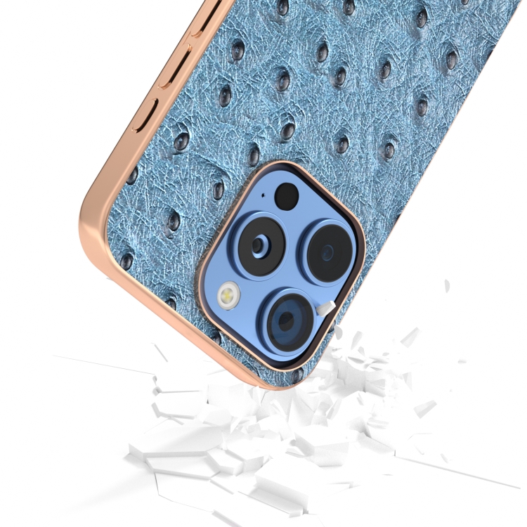 For iPhone 16 Pro ABEEL Electroplating Frame Genuine Leather Ostrich Texture Phone Case(Dark Blue) For iPhone 16 Pro ABEEL Electroplating Frame Genuine Leather Ostrich Texture Phone Case(Dark Blue)