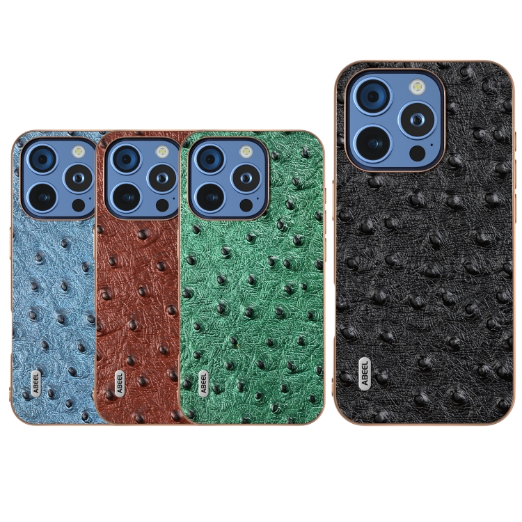 For iPhone 16 Pro ABEEL Electroplating Frame Genuine Leather Ostrich Texture Phone Case(Dark Blue) For iPhone 16 Pro ABEEL Electroplating Frame Genuine Leather Ostrich Texture Phone Case(Dark Blue)