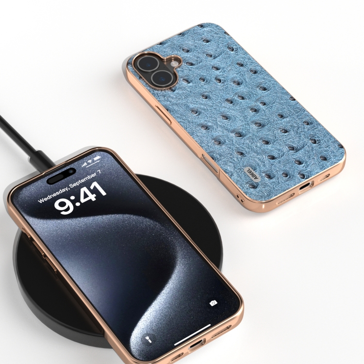For iPhone 16 ABEEL Electroplating Frame Genuine Leather Ostrich Texture Phone Case(Dark Blue) For iPhone 16 ABEEL Electroplating Frame Genuine Leather Ostrich Texture Phone Case(Dark Blue)