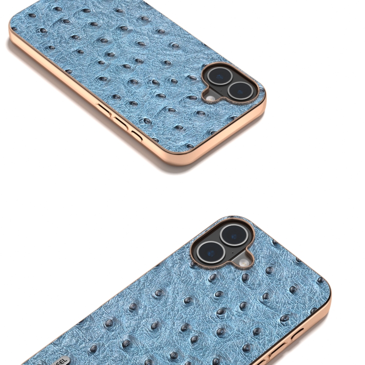 For iPhone 16 ABEEL Electroplating Frame Genuine Leather Ostrich Texture Phone Case(Dark Blue) For iPhone 16 ABEEL Electroplating Frame Genuine Leather Ostrich Texture Phone Case(Dark Blue)