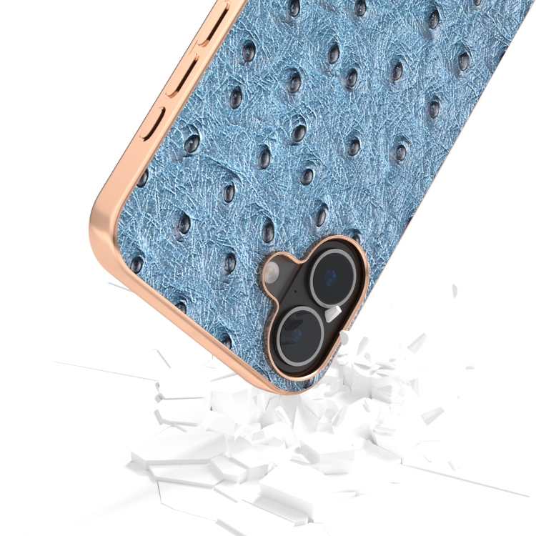 For iPhone 16 ABEEL Electroplating Frame Genuine Leather Ostrich Texture Phone Case(Dark Blue) For iPhone 16 ABEEL Electroplating Frame Genuine Leather Ostrich Texture Phone Case(Dark Blue)