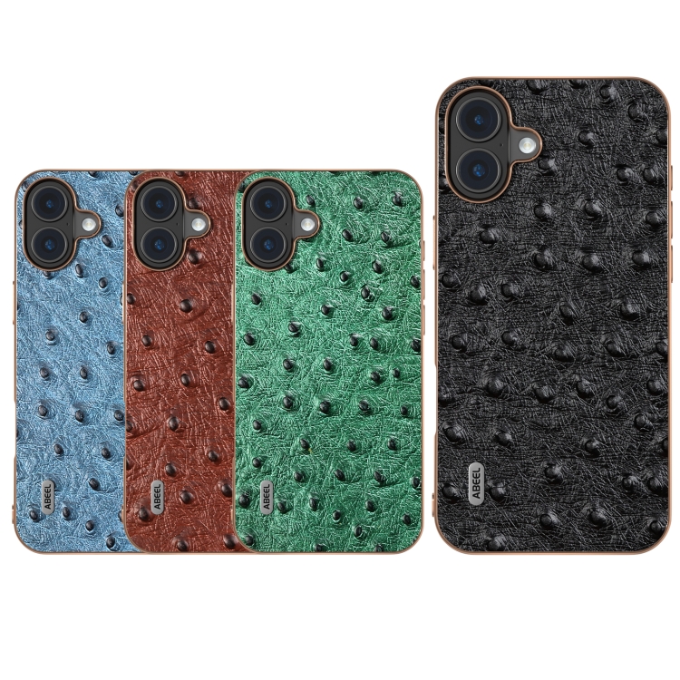 For iPhone 16 ABEEL Electroplating Frame Genuine Leather Ostrich Texture Phone Case(Dark Blue) For iPhone 16 ABEEL Electroplating Frame Genuine Leather Ostrich Texture Phone Case(Dark Blue)