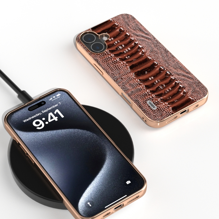 For iPhone 16 ABEEL Electroplating Frame Genuine Leather Weilai Series Phone Case(Coffee) For iPhone 16 ABEEL Electroplating Frame Genuine Leather Weilai Series Phone Case(Coffee)