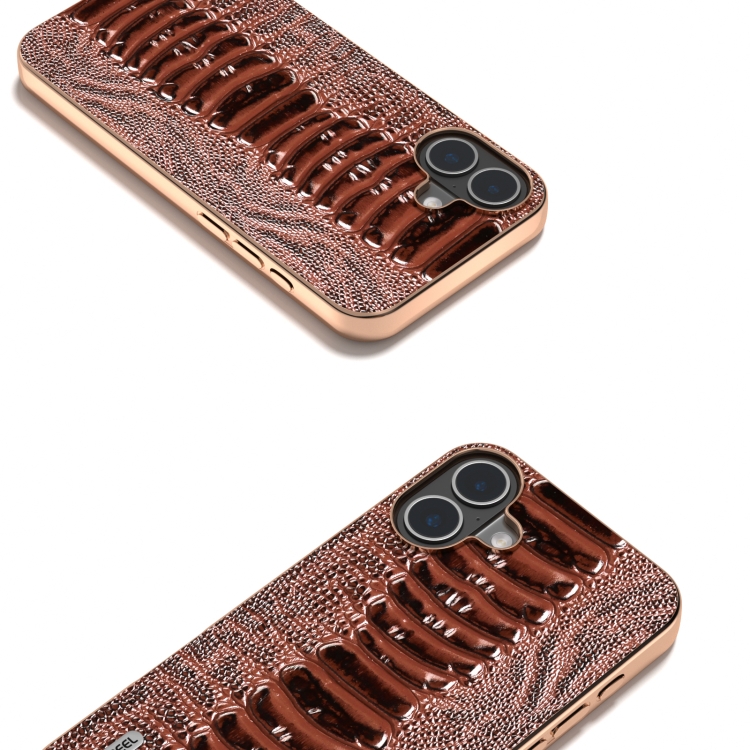 For iPhone 16 ABEEL Electroplating Frame Genuine Leather Weilai Series Phone Case(Coffee) For iPhone 16 ABEEL Electroplating Frame Genuine Leather Weilai Series Phone Case(Coffee)