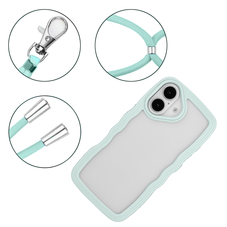 For iPhone 16 Candy Color Wave TPU Clear PC Phone Case with Lanyard(Green) For iPhone 16 Candy Color Wave TPU Clear PC Phone Case with Lanyard(Green)