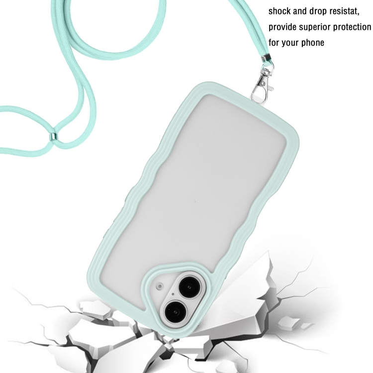 For iPhone 16 Candy Color Wave TPU Clear PC Phone Case with Lanyard(Green) For iPhone 16 Candy Color Wave TPU Clear PC Phone Case with Lanyard(Green)