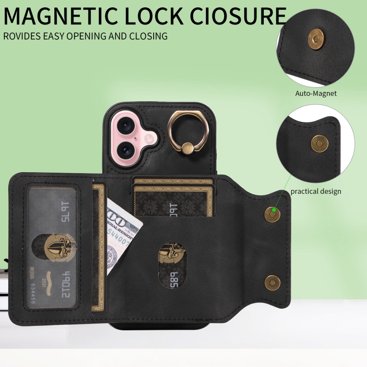 For iPhone 16 Skin Feel Card Bag Phone Case with Ring Buckle(Black) For iPhone 16 Skin Feel Card Bag Phone Case with Ring Buckle(Black)