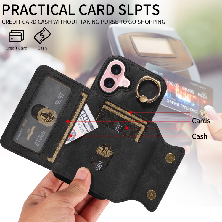 For iPhone 16 Skin Feel Card Bag Phone Case with Ring Buckle(Black) For iPhone 16 Skin Feel Card Bag Phone Case with Ring Buckle(Black)