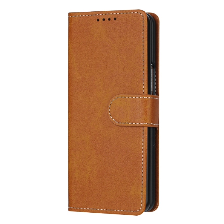 For Samsung Galaxy Z Fold6 Stitching Calf Texture Buckle Folding Leather Phone Case(Yellow) For Samsung Galaxy Z Fold6 Stitching Calf Texture Buckle Folding Leather Phone Case(Yellow)