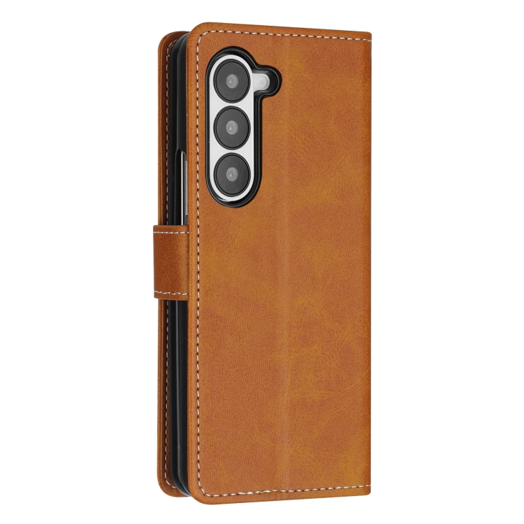 For Samsung Galaxy Z Fold6 Stitching Calf Texture Buckle Folding Leather Phone Case(Yellow) For Samsung Galaxy Z Fold6 Stitching Calf Texture Buckle Folding Leather Phone Case(Yellow)