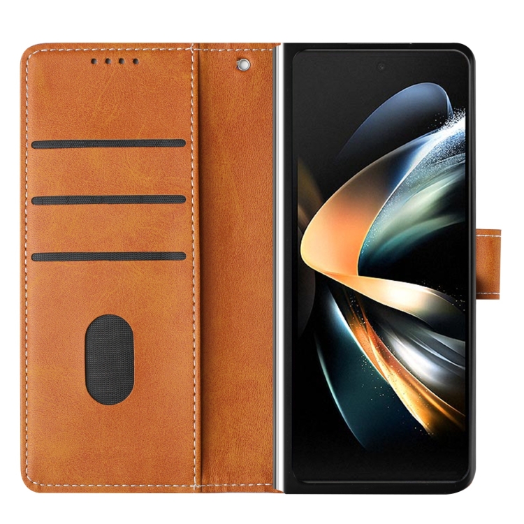 For Samsung Galaxy Z Fold6 Stitching Calf Texture Buckle Folding Leather Phone Case(Yellow) For Samsung Galaxy Z Fold6 Stitching Calf Texture Buckle Folding Leather Phone Case(Yellow)