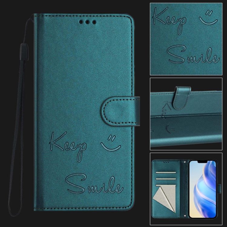 For iPhone 16 Plus Smile Embossing RFID Leather Phone Case(Peacock Green) For iPhone 16 Plus Smile Embossing RFID Leather Phone Case(Peacock Green)