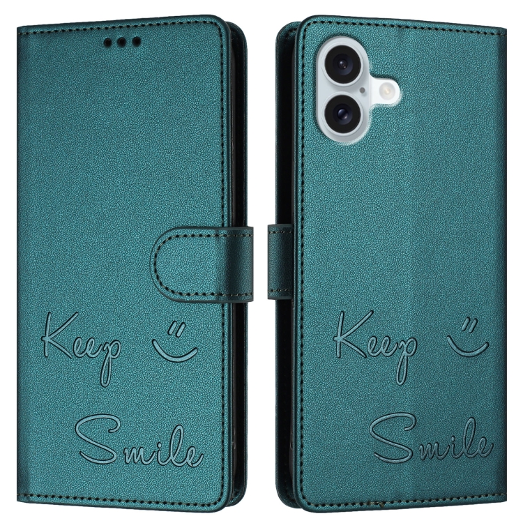 For iPhone 16 Plus Smile Embossing RFID Leather Phone Case(Peacock Green) For iPhone 16 Plus Smile Embossing RFID Leather Phone Case(Peacock Green)
