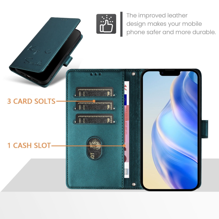 For iPhone 16 Plus Smile Embossing RFID Leather Phone Case(Peacock Green) For iPhone 16 Plus Smile Embossing RFID Leather Phone Case(Peacock Green)