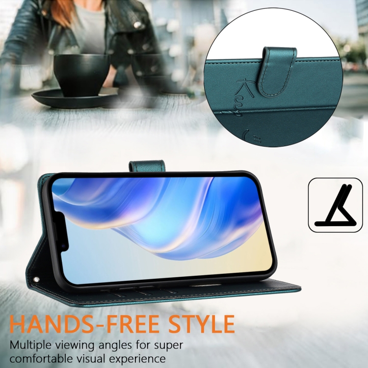For iPhone 16 Plus Smile Embossing RFID Leather Phone Case(Peacock Green) For iPhone 16 Plus Smile Embossing RFID Leather Phone Case(Peacock Green)