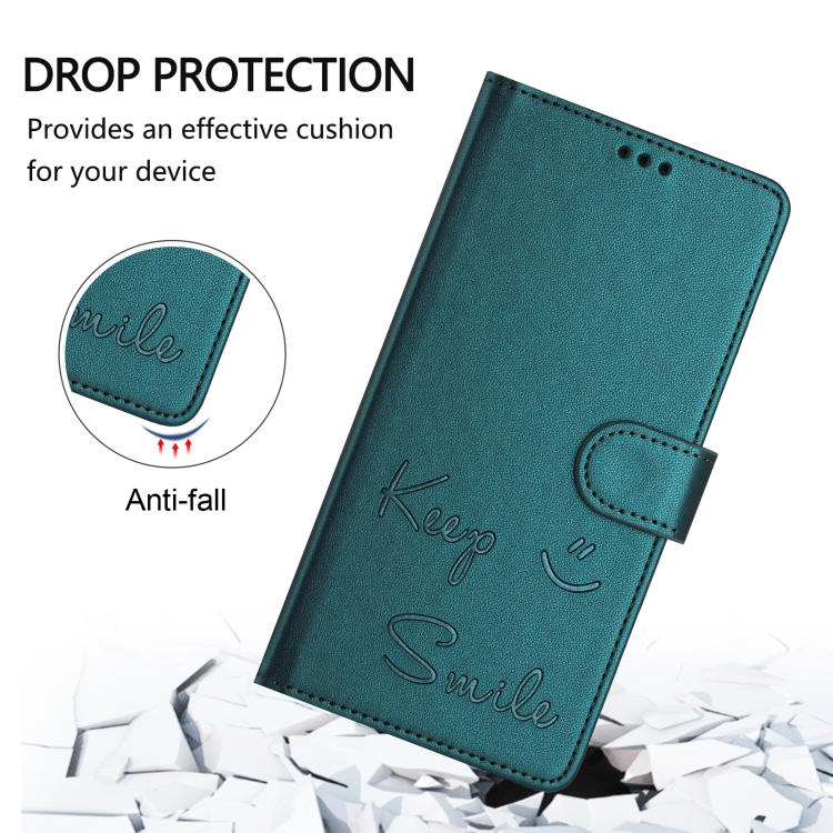 For iPhone 16 Plus Smile Embossing RFID Leather Phone Case(Peacock Green) For iPhone 16 Plus Smile Embossing RFID Leather Phone Case(Peacock Green)