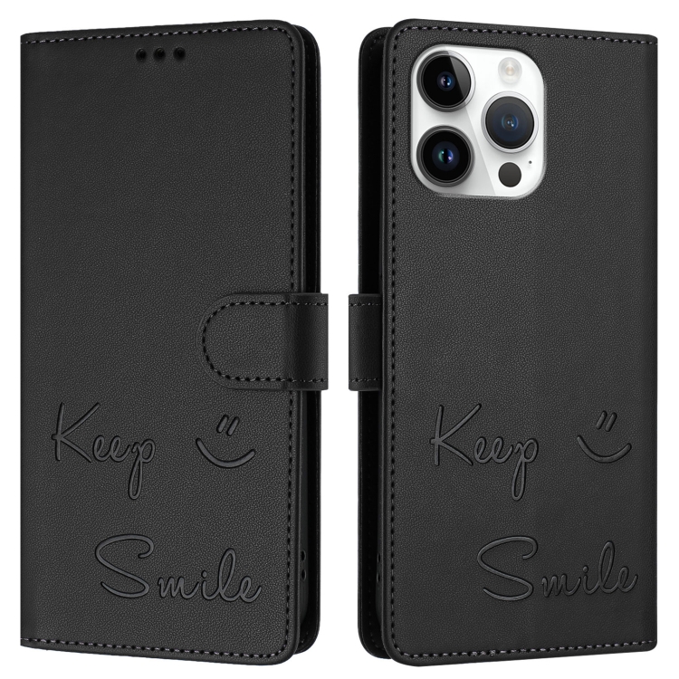 For iPhone 14 Pro Max Smile Embossing RFID Leather Phone Case(Black) For iPhone 14 Pro Max Smile Embossing RFID Leather Phone Case(Black)