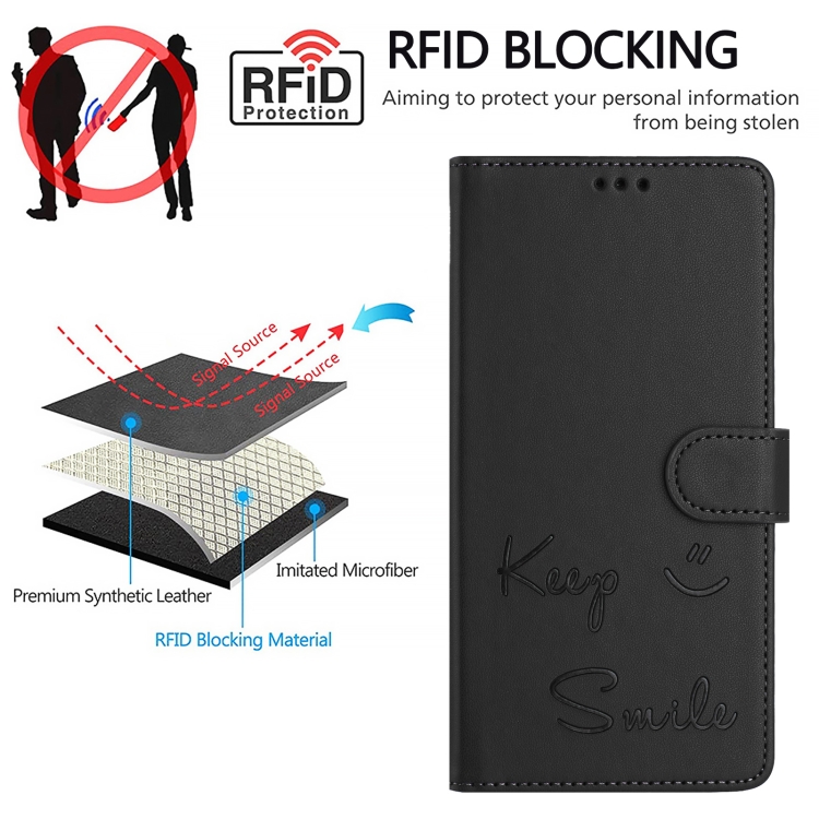 For iPhone 14 Pro Max Smile Embossing RFID Leather Phone Case(Black) For iPhone 14 Pro Max Smile Embossing RFID Leather Phone Case(Black)