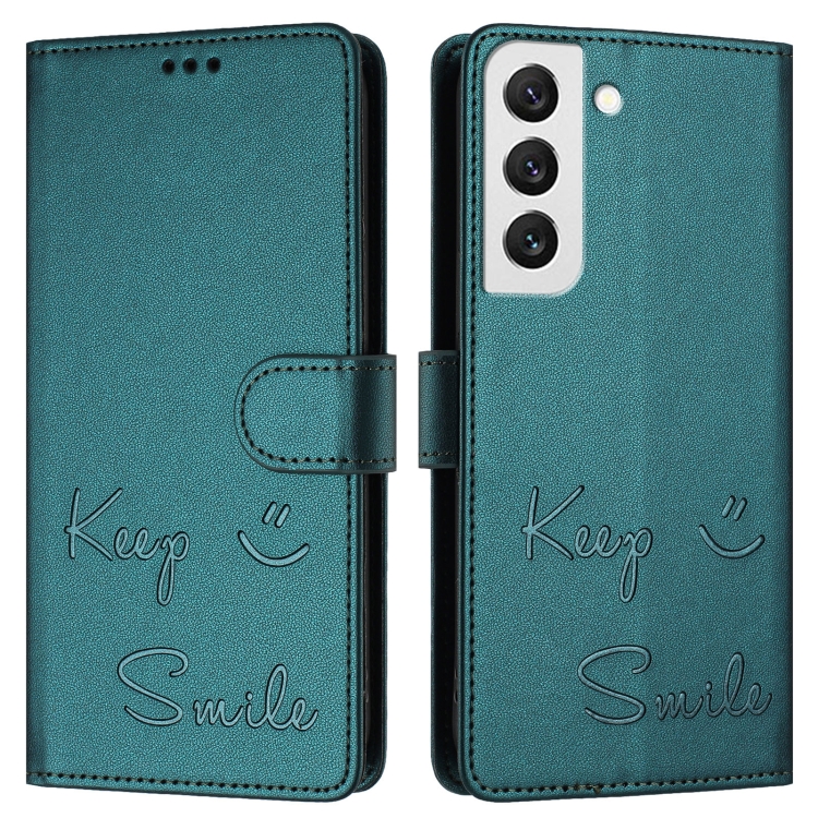 For Samsung Galaxy S22 5G Smile Embossing RFID Leather Phone Case(Peacock Green) For Samsung Galaxy S22 5G Smile Embossing RFID Leather Phone Case(Peacock Green)